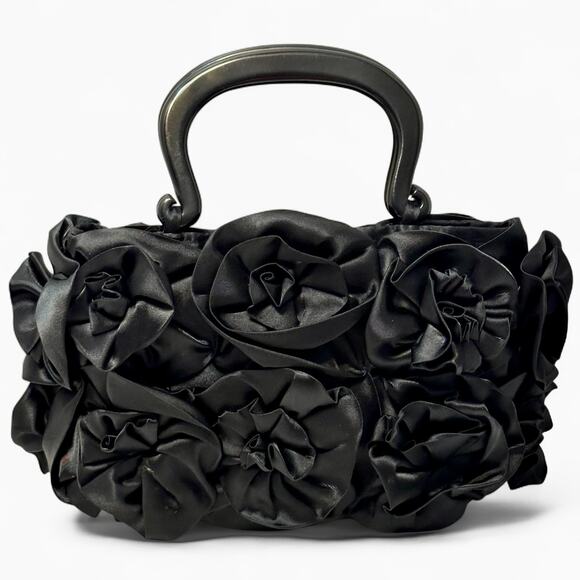 Vintage Mad by Design Black Silk Rose Handbag Glam Evening Purse Horn Handles - Picture 1 of 13